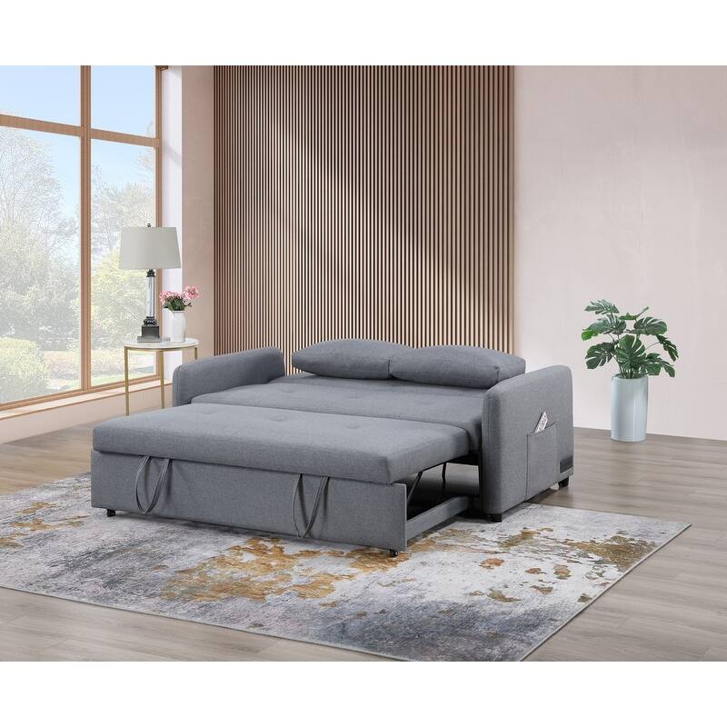 Radella 69"W Gray Linen Convertible Sleeper Sofa with USB Ports, Power Sockets, Pockets, Pillows, Tufting