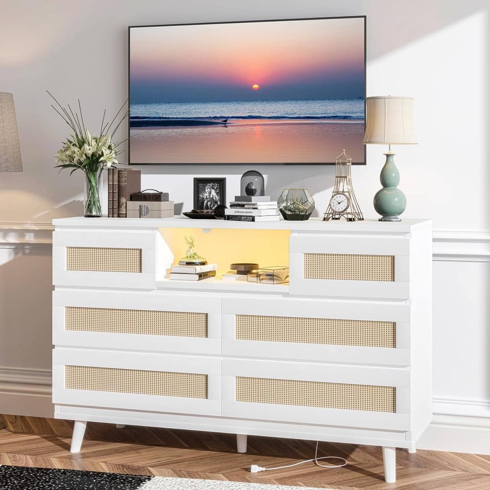 6-Drawer Rattan Dresser with LED Light & Charging Station, Modern Double Chest for Bedroom