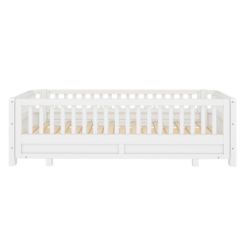 Twin XL/Twin Size Platform Bed with Guardrails, Converts to Queen Size Solid Wood Frame