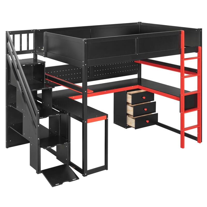 Full Size Wooden Gaming Loft Bed with Storage Stairs, Desk, Shelves & Pegboard