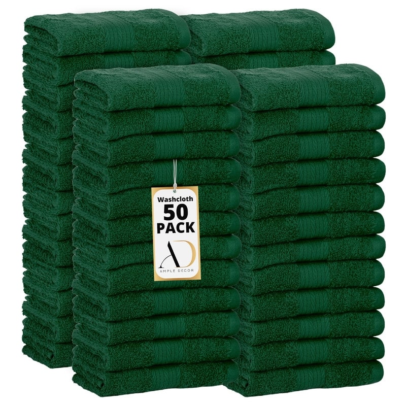 Pure Cotton 600 GSM Absorbent Wash Cloths 12x12 Inch by Ample Decor - 50 Pcs - Green