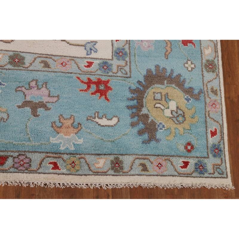 Beige / Ivory Floral Oushak Area Rug Hand-Knotted Wool Carpet - 9'1" x 11'9"