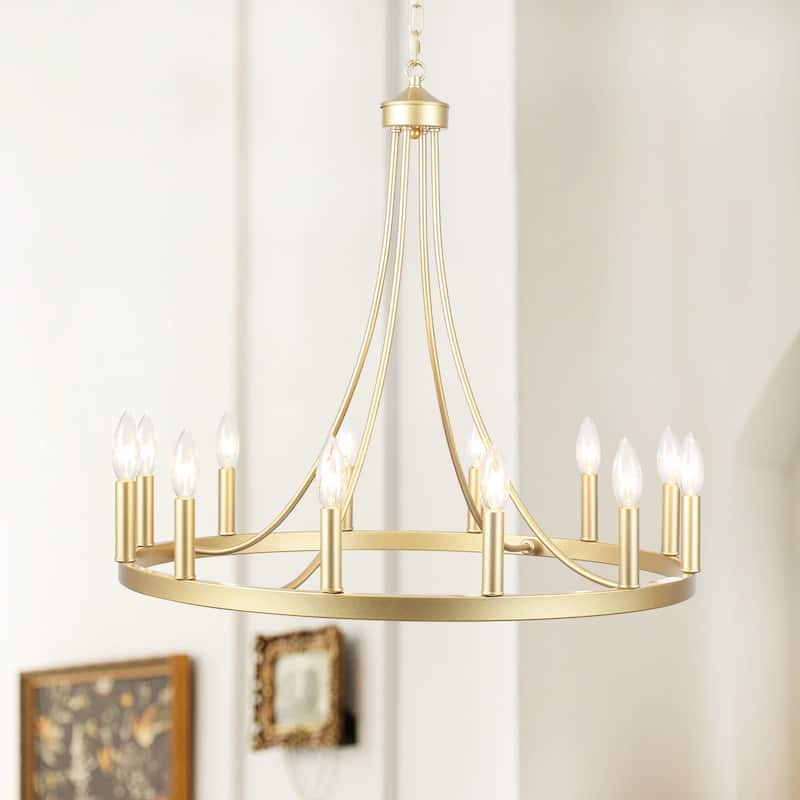 12-light Rustic Farmhouse Wagon Wheel Chandelier Candle Dining Room Lighting - N/A - Spray Gold
