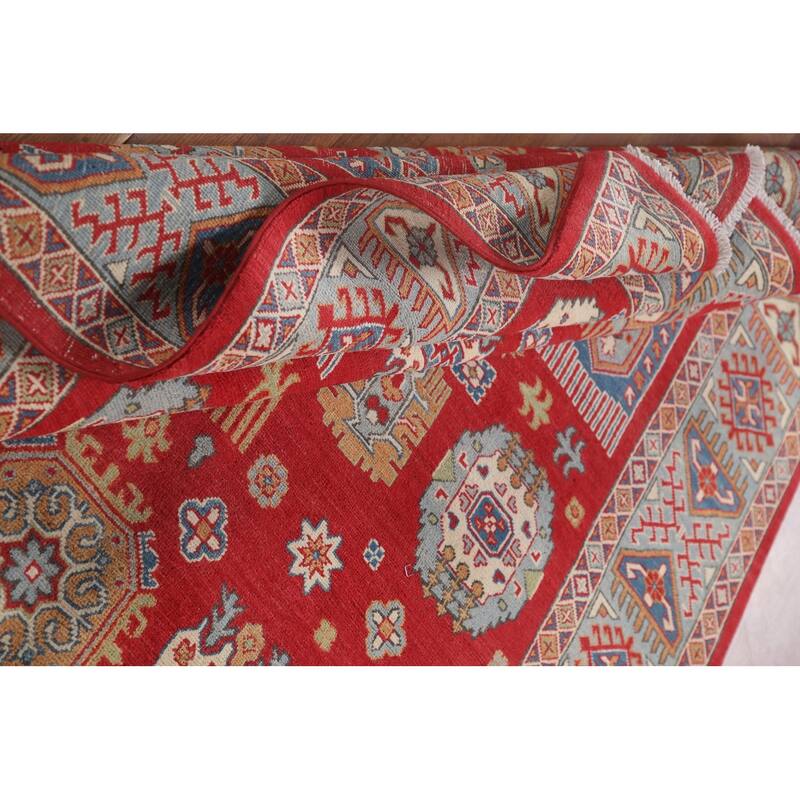 Hand Knotted Oriental 100% Wool Carpet Traditional Geometric Red Kazak Area Rug - 9' 8'' X 6' 4''