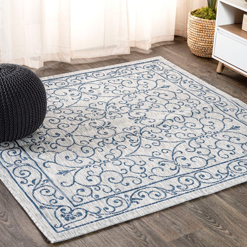 JONATHAN Y Filigree Textured Weave Indoor/Outdoor Area Rug - 4' Square - Gray/Navy