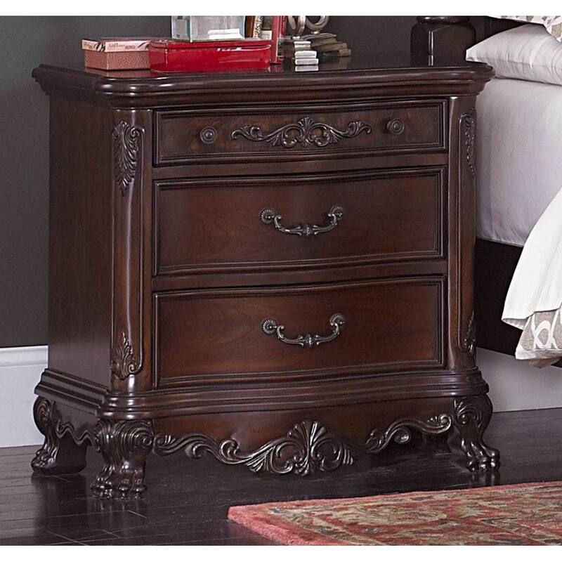 Wooden Night Stand With Intricate Carvings Cherry Brown