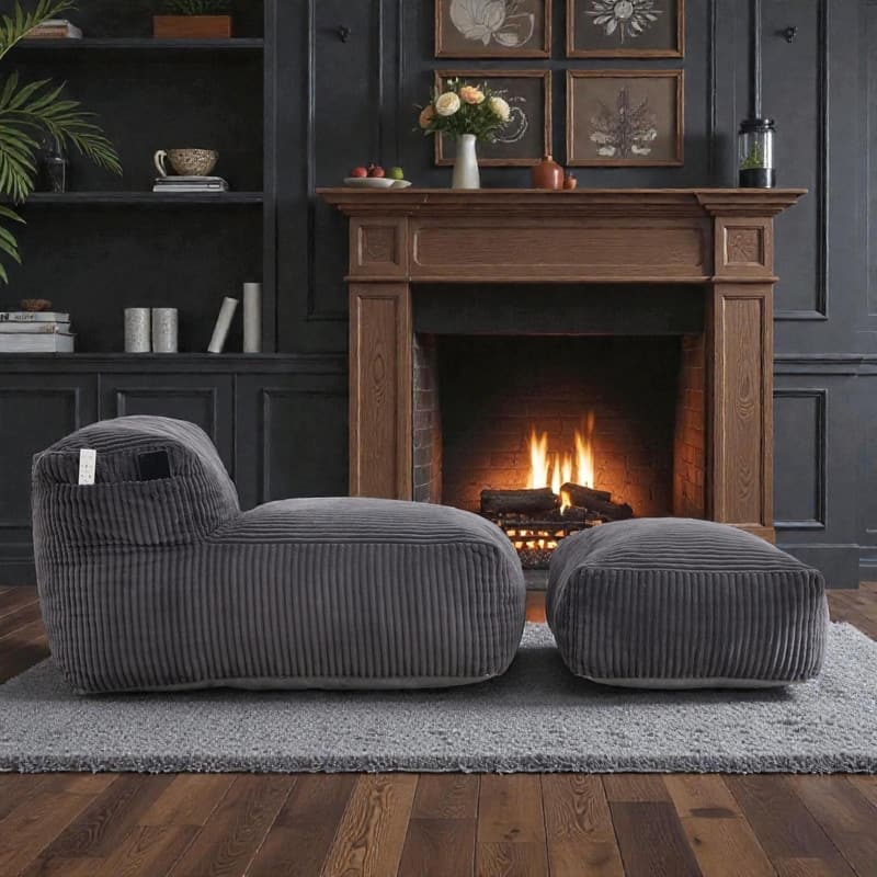Large Memory Foam Bean Bag Chair for Adults, Corduroy Lounger Sofa with Ottoman
