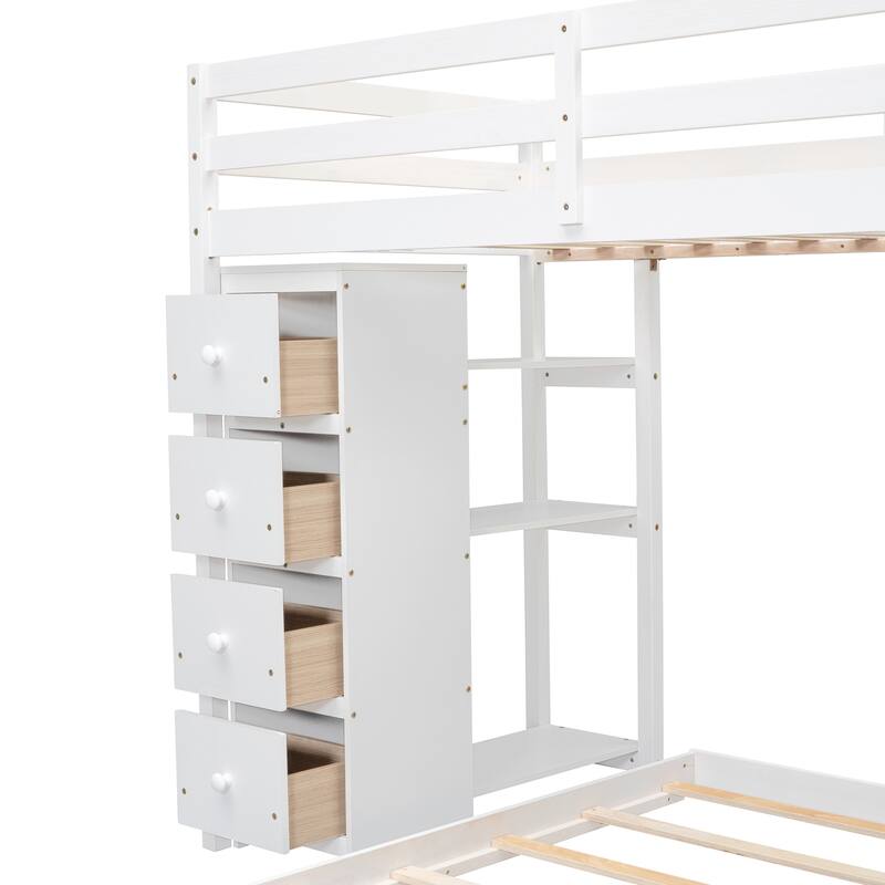 Space-Saving Twin Over Full Bunk Bed with Shelves, Drawers, and Storage Stairs in White