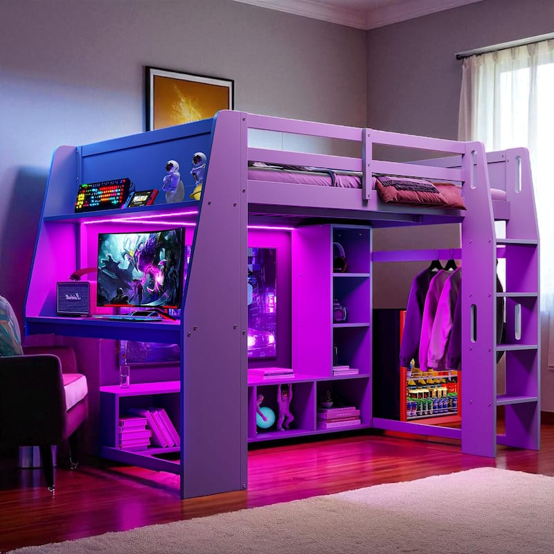 Twin/Full Size Gray Gaming Loft Bed with Desk, Storage Cabinets, LED Lighting & Hanging Clothes Rack