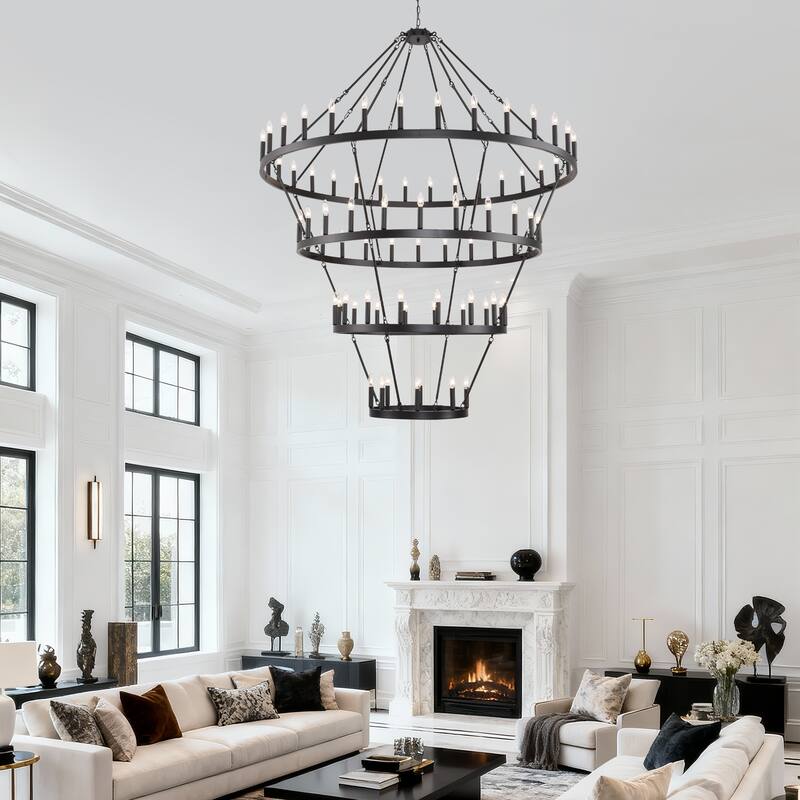 70.87INCH Tiers Wagon Wheel Chandelier Farmhouse 60-Light, Gold Color Metal 4-Story Light Fixtures Adjustable Height E12