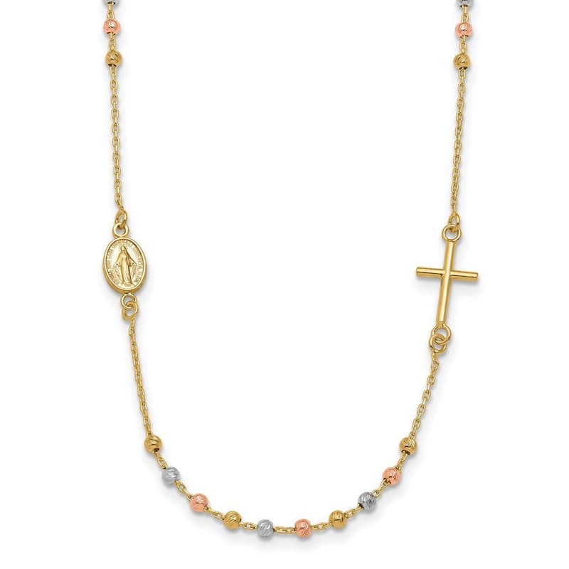 Curata 14k Tri-color Gold Sideways Cross Beaded Rosary Style Necklace, 18"