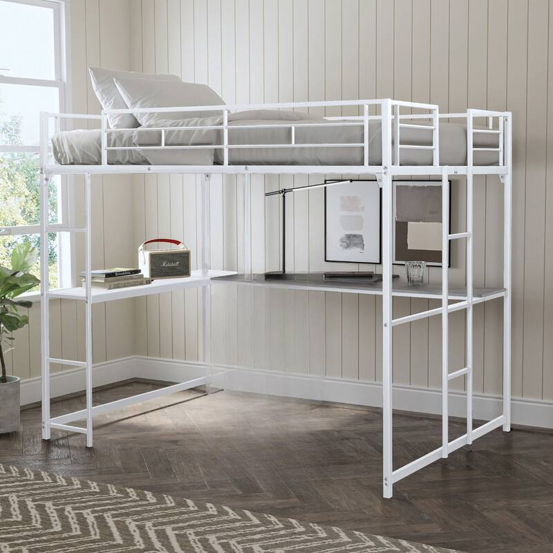 Full Loft Bed with Two Ladders and Desk, White Metal Frame, Space-Saving Design