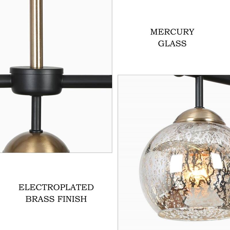 Modern Glam 3/6-Light Black Gold Linear Chandelier Kitchen Island Pendant Lights with Mercury Glass