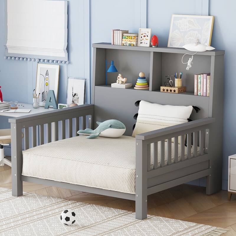 Pull Out Twin Size Platform Bed Converted into Baby Crib and Sofa with Storage Headboard and Removable Footboard