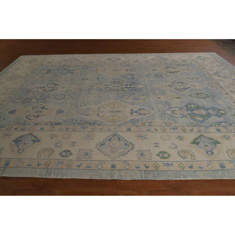 Hand Knotted Oriental 100% Wool Carpet Transitional All-Over Navy Blue & Blues Oushak Area Rug - 12' 11'' X 9' 5''