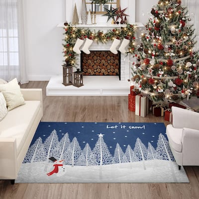 Indoor/ Outdoor Cozy Winter Blue Washable Let It Snowman Rug