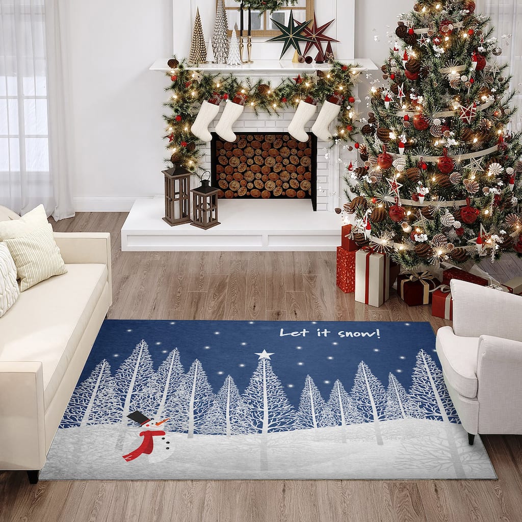 Indoor/ Outdoor Cozy Winter Blue Washable Let It Snowman Rug