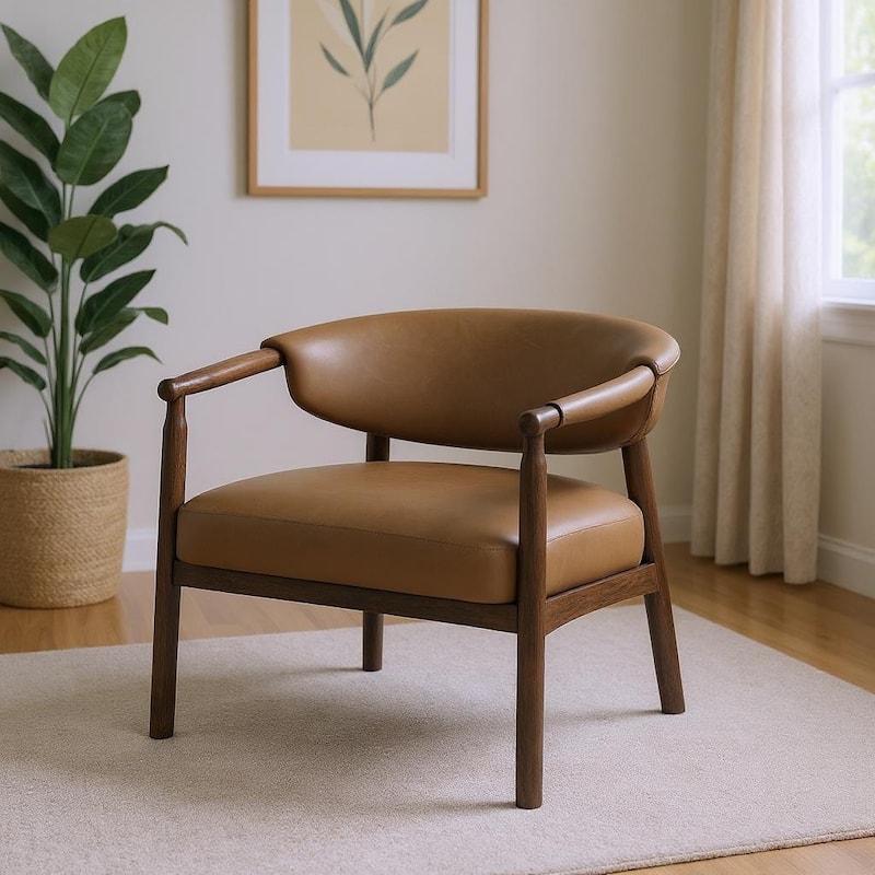 HomeRoots 33" Brown and Dark Brown Faux Leather And Wood Arm Chair - 33.00 in. x 34.00 in. x 30.00 in. - 33.00 in. x 34.00 in.  x 30.00 in.