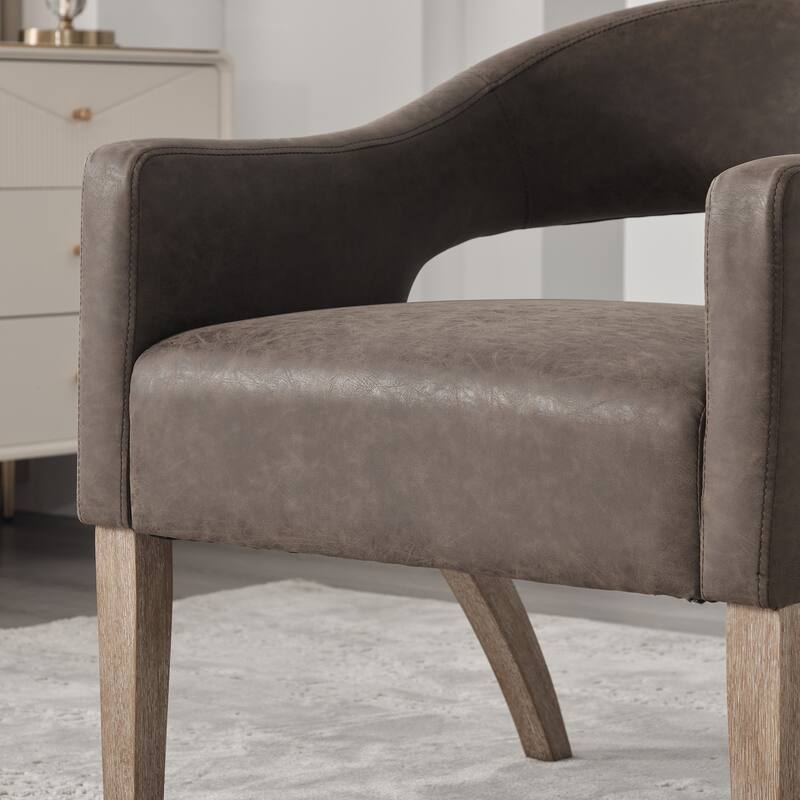 Modern Upholstered PU Open Back Accent Armchair Barrel Dining Chair with Weathered Rubberwood Legs, Hollow-Out Side Club Chair