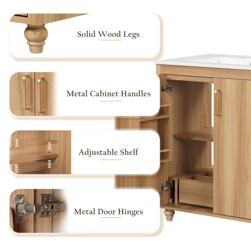 30 in. W x 18 in. D x 34 in. H Single Sink Freestanding Bath Vanity in Natural with White Ceramic Top - 30" x 18" x 34"