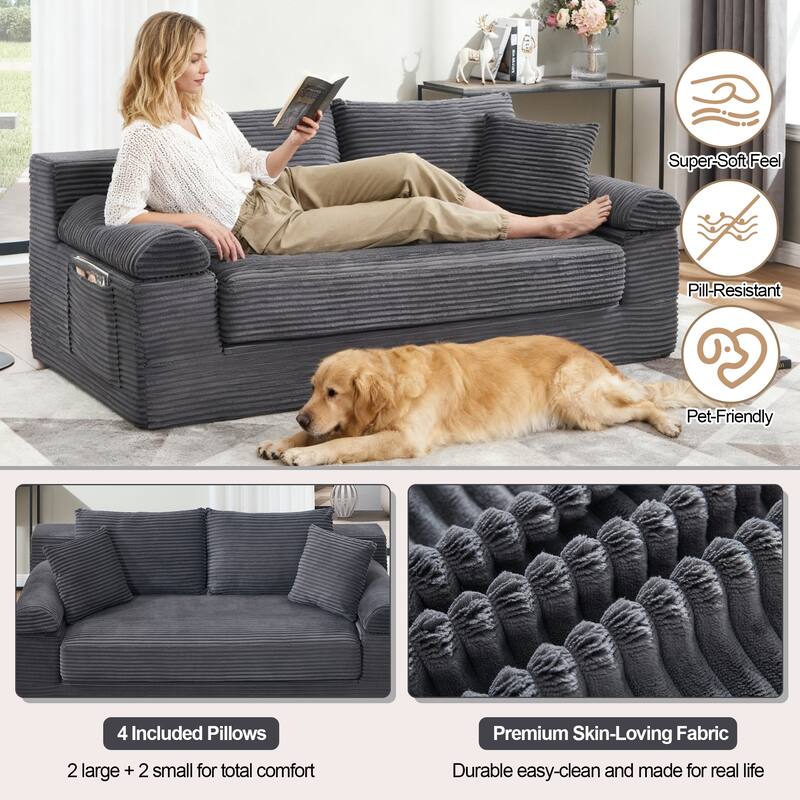 78" W Convertible Sleeper Sofa Bed Corduroy Loveseat with Pillows