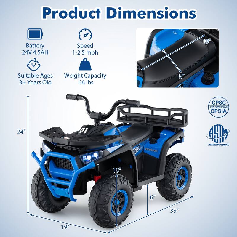 Kids Ride-On ATV with 4-Wheel Shock Absorbers and LED Lights Music Player USB Charging Port - 35" × 19" × 24" (L x W x H)