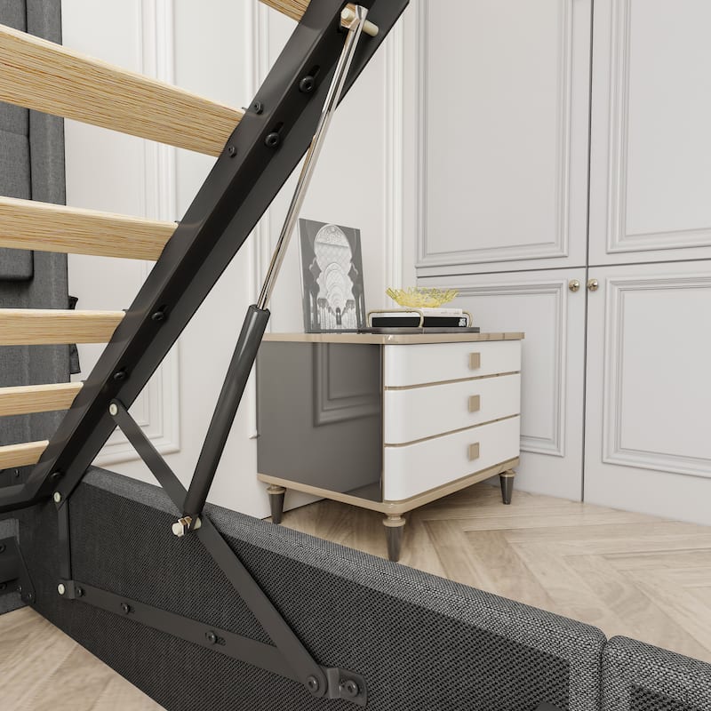 Wingback Upholstered Bed Low Profile Platform Bed Frame with USB Ports, Side Pockets and Hydraulic Lifting Storage