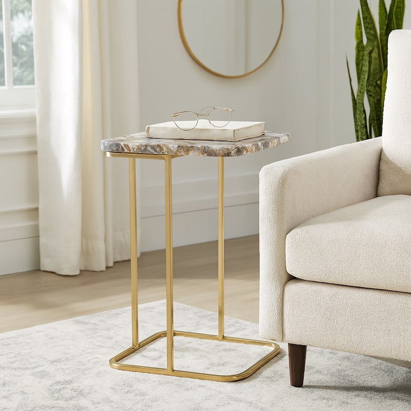 Modern Accent Table with Iron Base and Stone Top - 24", Gold & Black - 24.0"