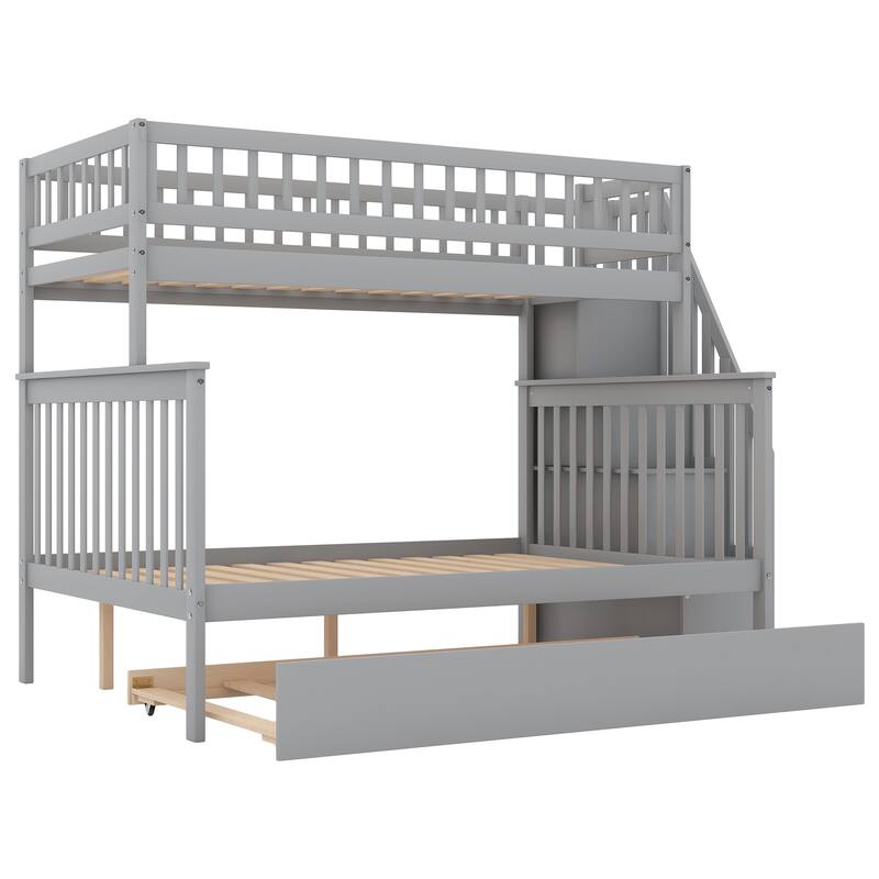 Space-Saving Twin over Full Bunk Bed with Trundle, Staircase & Storage, Gray