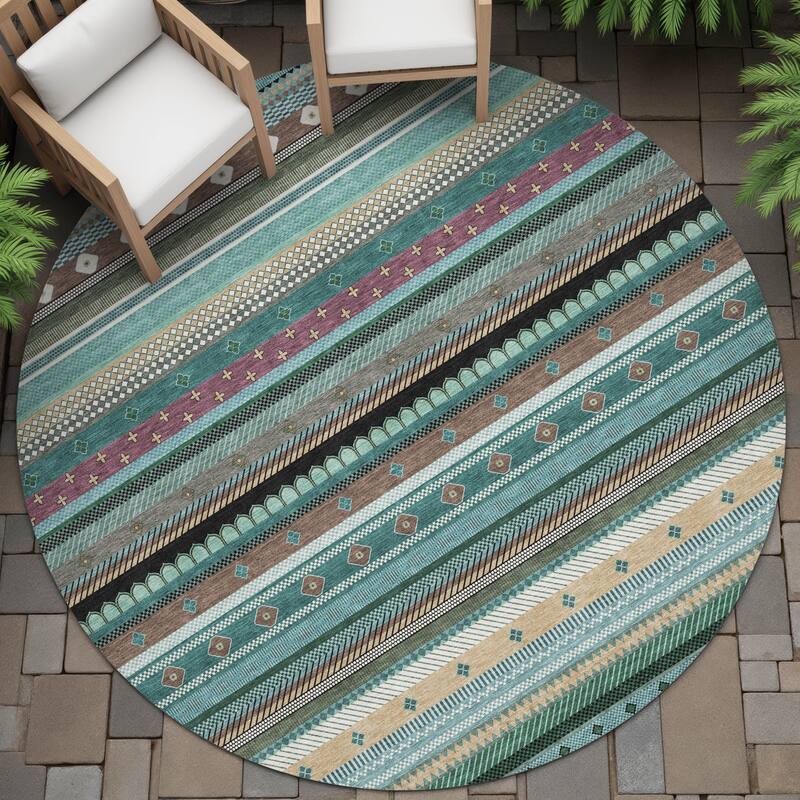 Machine Washable Indoor/Outdoor Boho Stripes Chantille Rug - Teal - 8' x 8'