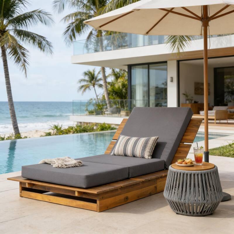 Christopher Knight Home - Modern Indoor/Outdoor Acacia Wood Chaise Lounge with 3-Position Adjustable Backrest & 3-Fold Cushion - Dark Gray+Teak Finish