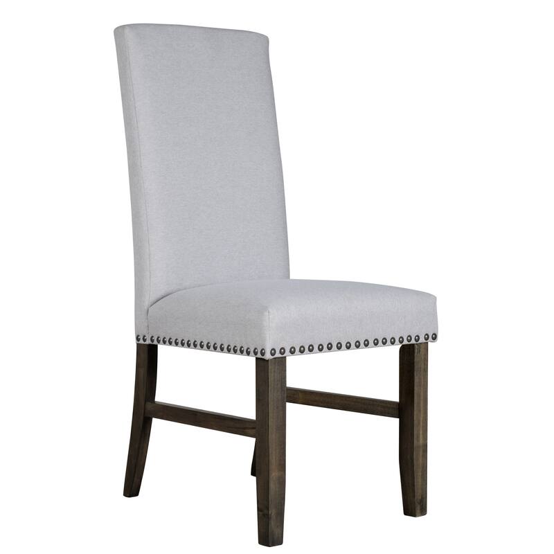 Luo 19 Inch Dining Chairs Set of 2, Nailhead Trim, Gray Fabric, Brown Wood