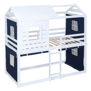 Twin over Twin Wood House Bunk Bed,House Design with Tent and Roof