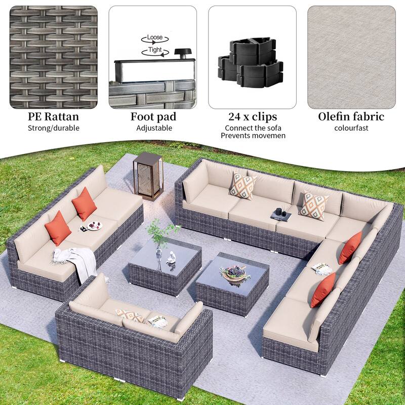 OVIOS 14-piece Deep Seat Wicker Conversation Sectional Set with Glass-top Table