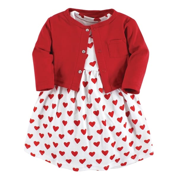 slide 1 of 1, Hudson Baby Infant and Baby Girl Cotton Dress and Cardigan Set, Red Hearts 0-3 Months - Red Hearts