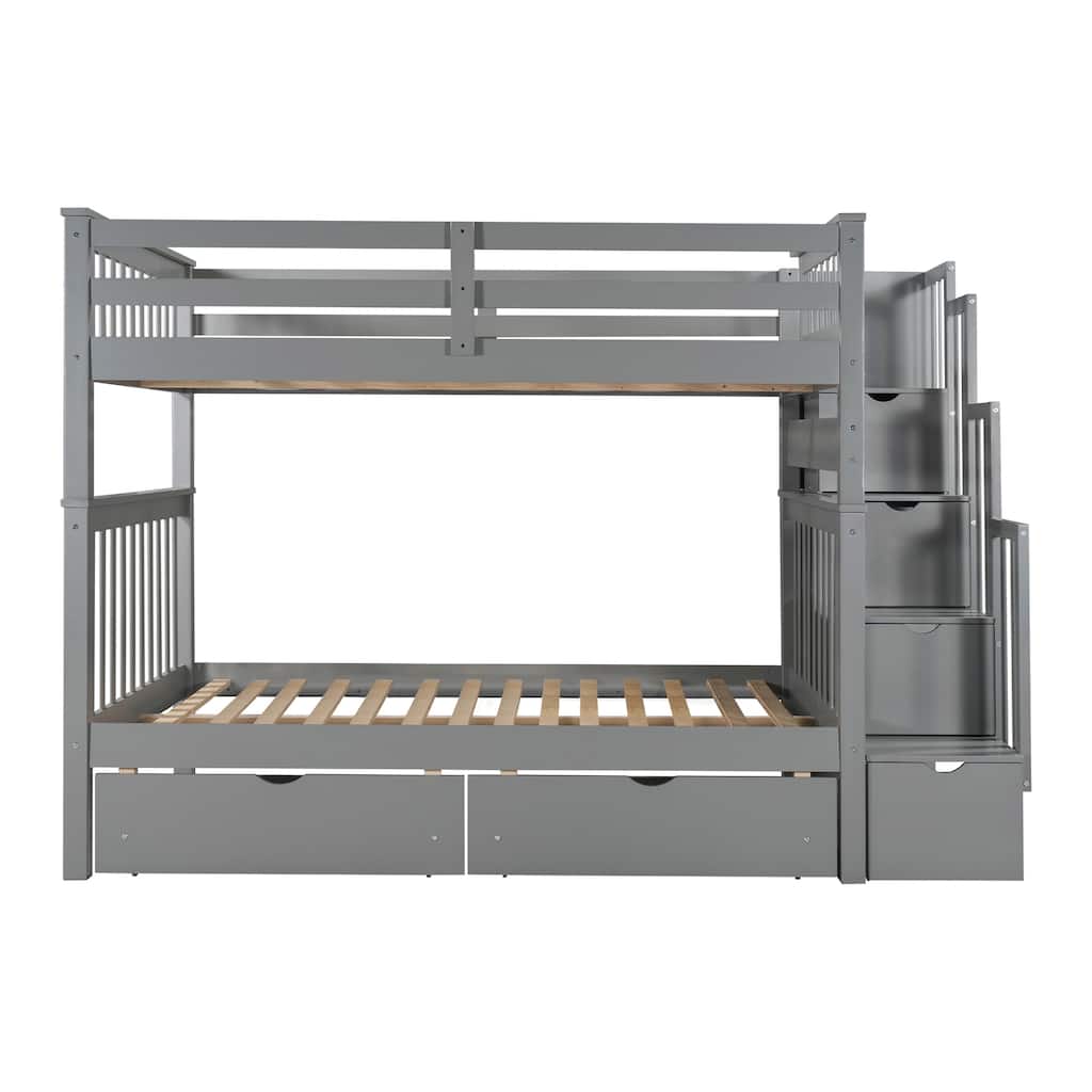 Gray Full Over Full Bunk Bed with Storage Shelves, 6 Drawers, and Safe Staircase Access