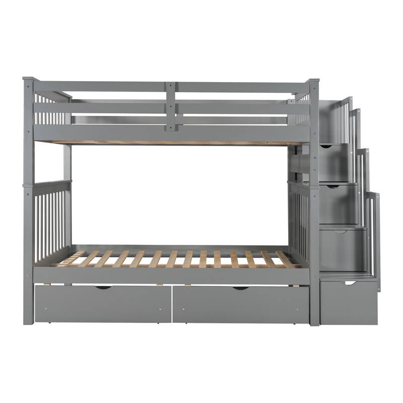 Heavy Duty Wood Bunk Bed Full Over Full Superior Quality Bunk Bed 2 Drawers and Storage Stairs and Side Shelves - Grey