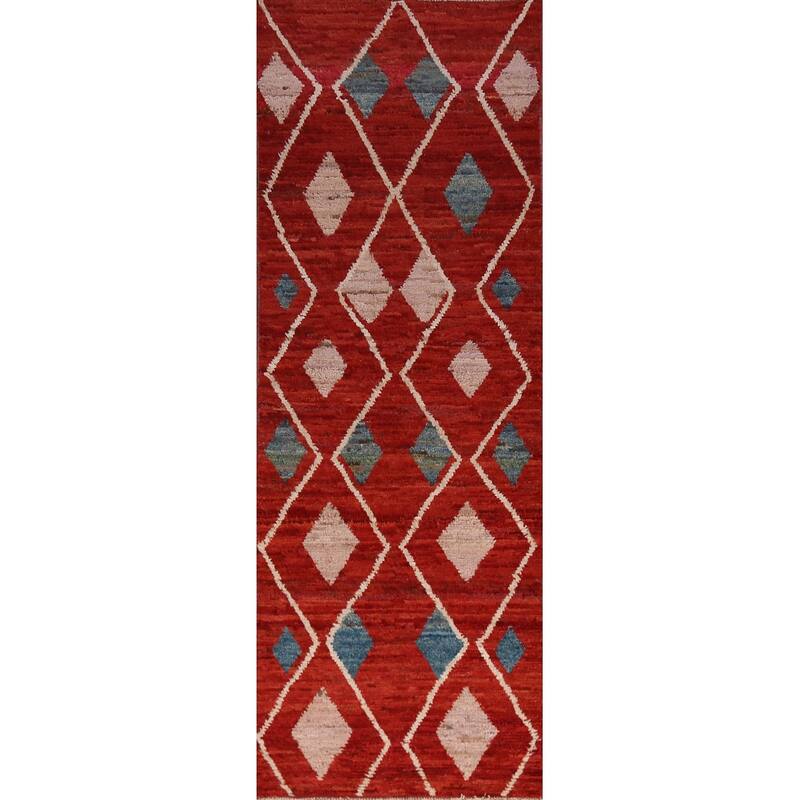 Geometric Moroccan Oriental Runner Rug Handmade Wool Carpet - 2'9" x 9'8"