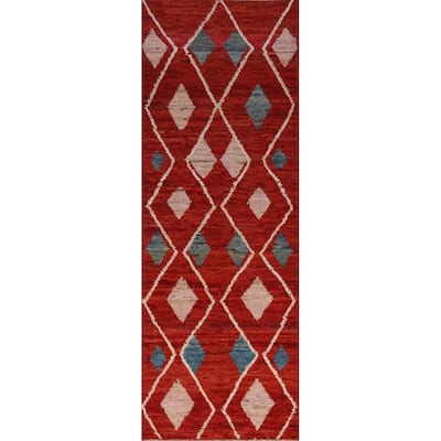 Geometric Moroccan Oriental Runner Rug Handmade Wool Carpet - 2'9" x 9'8"