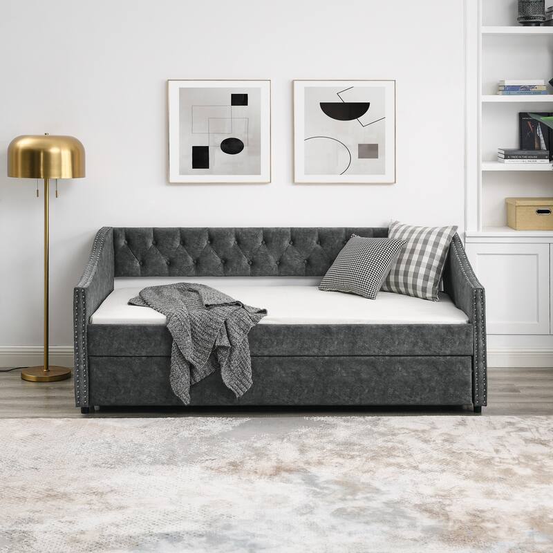 Roomfitters Twin/Full Upholstered Daybed with Twin Trundle, Tufted Backrest and Nailhead Trim, Elegant Waved Arms