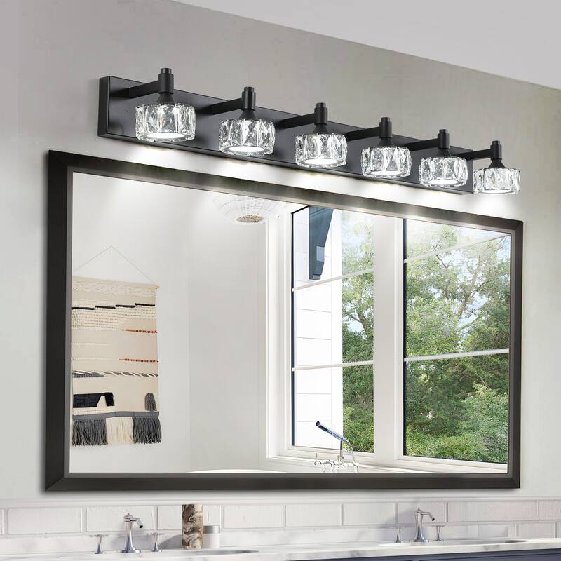 Modern 6-Light Matte Black LED Vanity Light Fixture with Crystal Glass Shades, Bathroom Wall Sconce - Black