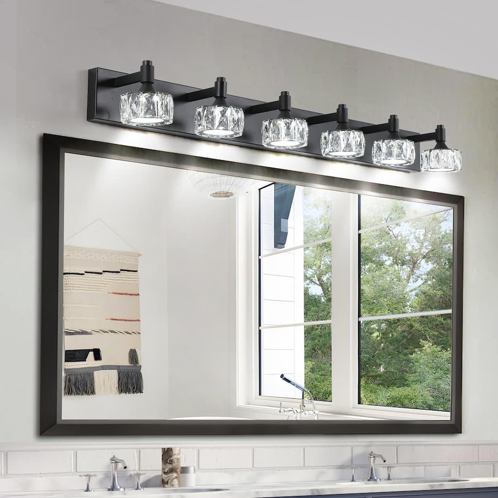 Modern 6-Light Matte Black LED Vanity Light Fixture with Crystal Glass Shades, Bathroom Wall Sconce