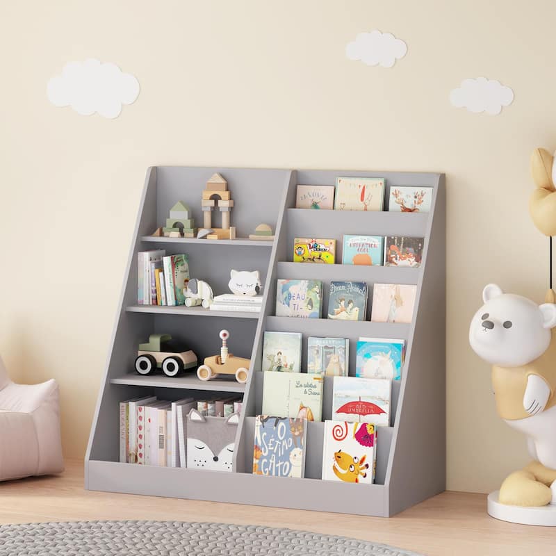Kids Bookshelf and Toy Storage Organizer, Multifunctional 4 Tier Wooden Kids Book Shelf with Bookcase Display Stand