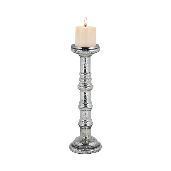 16.5" Metallic Silver Medium Glass Pillar Candle Holder - N/A