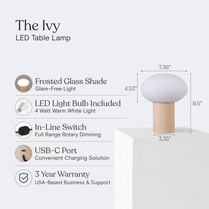 Brightech Ivy LED Glossy Wood Midcentury Round Globe Dimmable Bedside Nightstand Desk Lamp