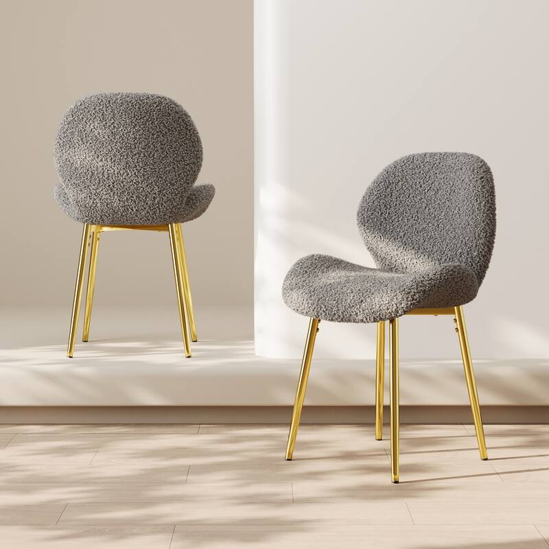 Modern minimalist grey teddy velvet Dining Chairs Set of 2 with sturdy gold metal legs and comfortable backrest design,