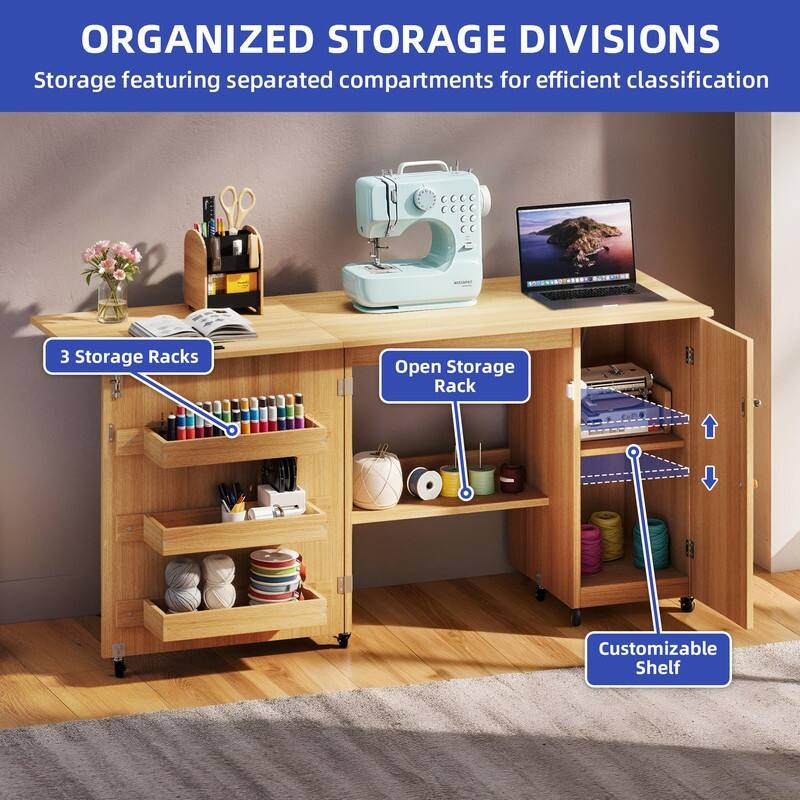 Moasis Folding Sewing Craft Table with Storage Shelves Cabinet With Charge Station