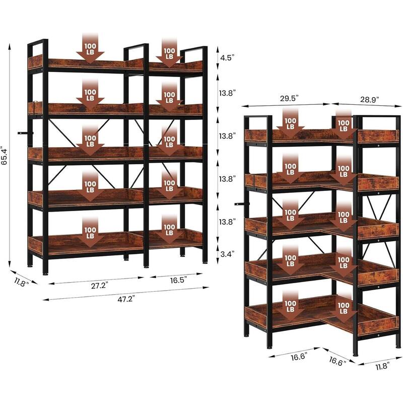 5-Tier Corner Bookshelf, L-Shaped Reversible Bookcase for Home Office