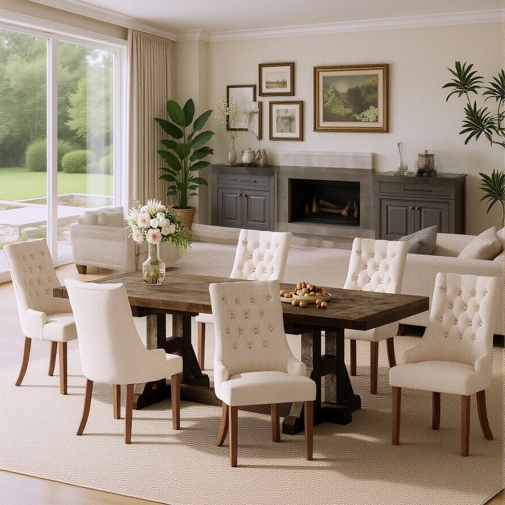 Wingback Upholstered Dining Chairs, Fabric Side with Tufted Button