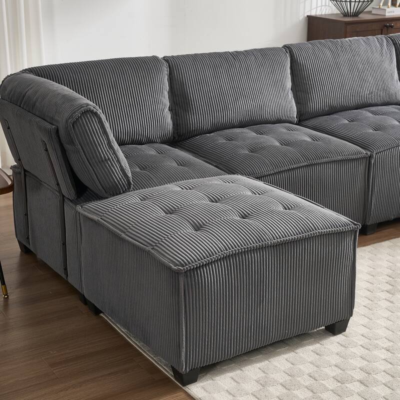 121.26" Corduroy Modular Sectional Sofa 6- Seat U Shaped Couch with Reversible Chaise and Ottoman